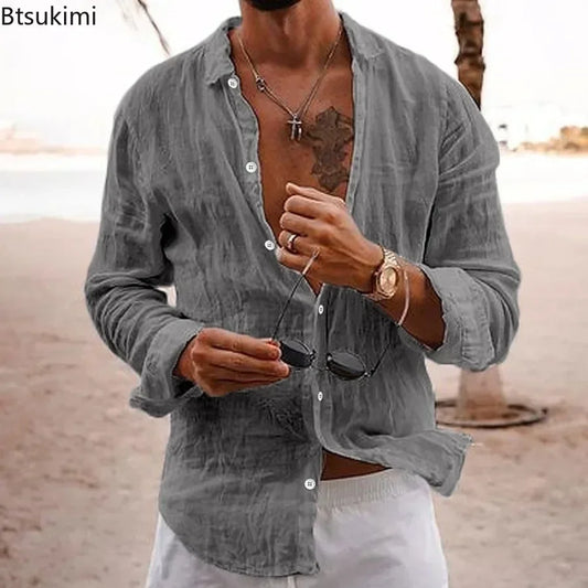 2026 Men's Cotton Linen Shirts Top Simple Laple Solid Man Shirts Tops Comfortable Loose Casual Holiday Shirts for Men Blouses
