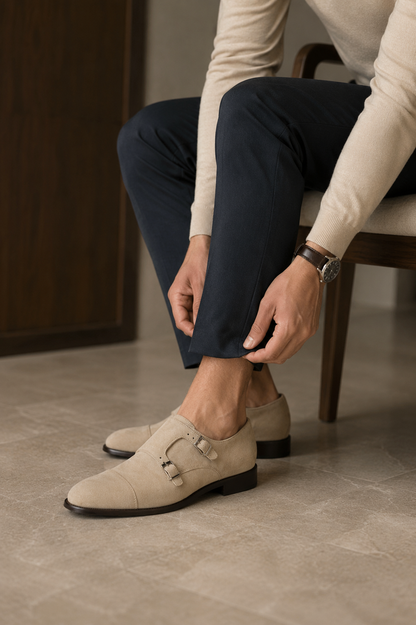 Double Monk Strap em Camurça Bege — Elegância nos Detalhes