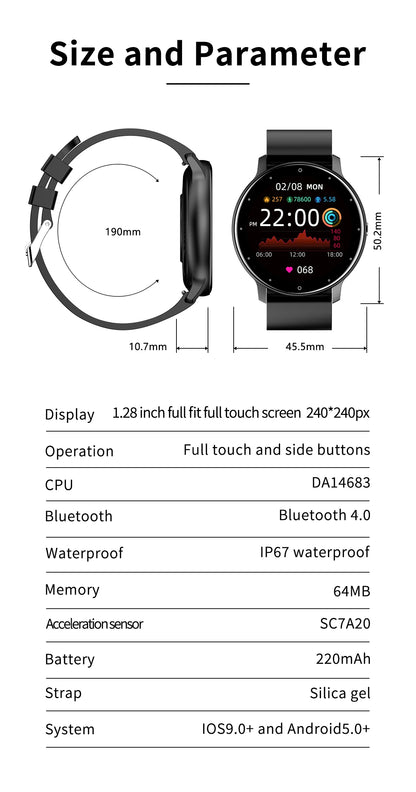 Smartwatch LIGE – Fitness, Freq. Cardíaca, À Prova de Água, Android e iOS