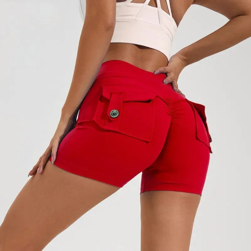 Calções Fitness Femininos com Bolsos – Cintura Alta, Sem Costuras, Corrida