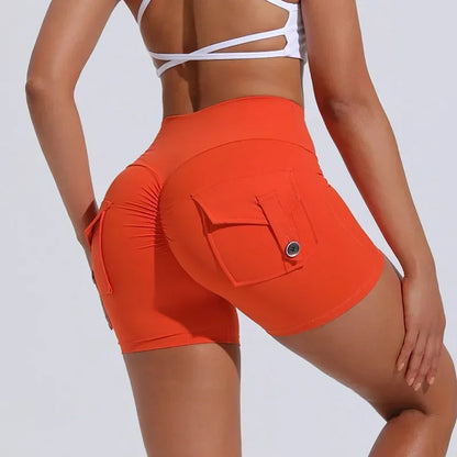 Calções Fitness Femininos com Bolsos – Cintura Alta, Sem Costuras, Corrida