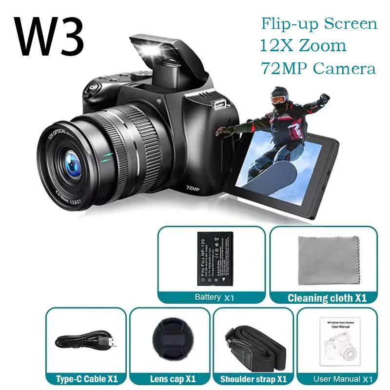 Câmara Digital 4K 72MP – 12x Zoom Ótico, WiFi, Flash, Autofocus, YouTube