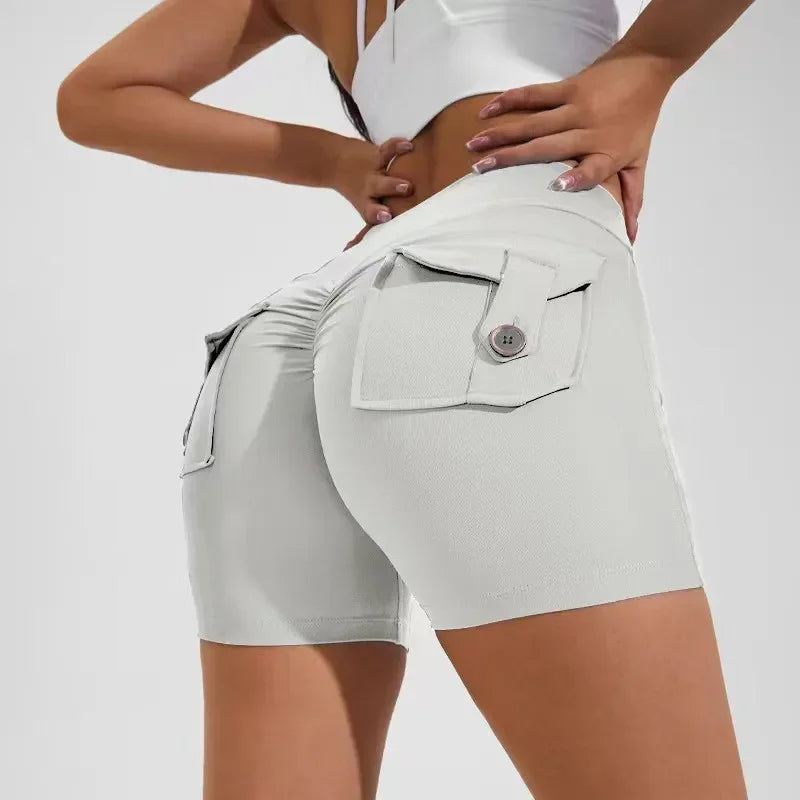 Calções Fitness Femininos com Bolsos – Cintura Alta, Sem Costuras, Corrida