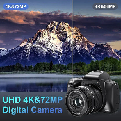Câmara Digital 4K 72MP – 12x Zoom Ótico, WiFi, Flash, Autofocus, YouTube