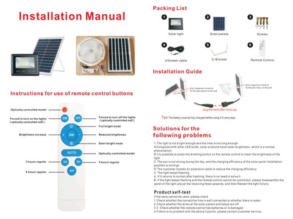 Holofote Solar 30W com Controlo Remoto – IP67, 1000mAh, Ajustável, Exterior