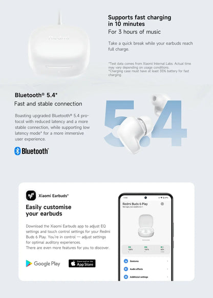 Auriculares Xiaomi Redmi Buds 6 Play – Cancelamento de Ruído IA, 36h Bateria