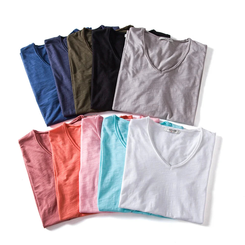 AIOPESON100% Cotton Men T-shirt V-neck Fashion Design Slim Fit Soild T-shirts Male Tops Tees Short Sleeve T Shirt O-neck For Men