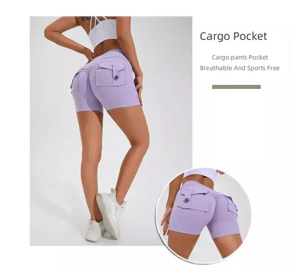 Calções Fitness Femininos com Bolsos – Cintura Alta, Sem Costuras, Corrida