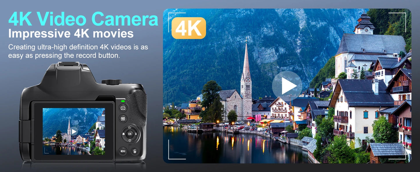 Câmara Digital 4K 72MP – 12x Zoom Ótico, WiFi, Flash, Autofocus, YouTube