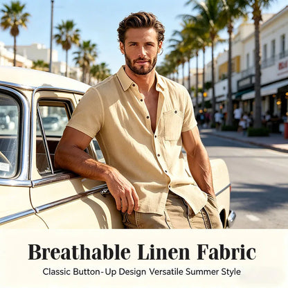 Men's Linen Blend Short Sleeve Button Down Shirt Casual Beach Tops with Chest Pocket Breathable Lightweight Summer Shirts forMen