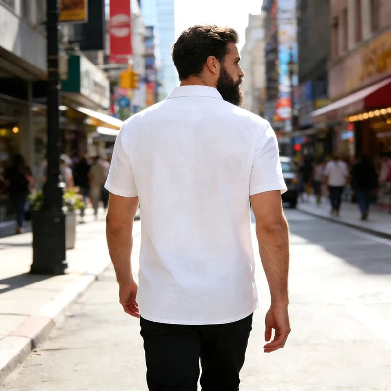 Men's Linen Blend Short Sleeve Button Down Shirt Casual Beach Tops with Chest Pocket Breathable Lightweight Summer Shirts forMen