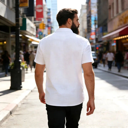 Men's Linen Blend Short Sleeve Button Down Shirt Casual Beach Tops with Chest Pocket Breathable Lightweight Summer Shirts forMen