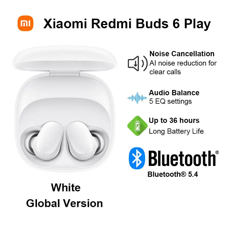 Auriculares Xiaomi Redmi Buds 6 Play – Redução de Ruído IA, Touch, BT 5.4