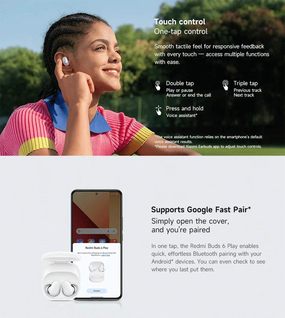 Auriculares Xiaomi Redmi Buds 6 Play – Cancelamento de Ruído IA, 36h Bateria