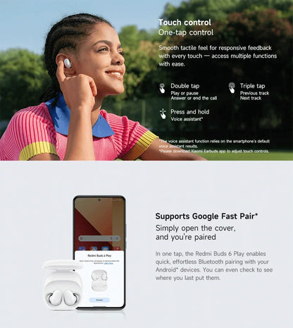 Auriculares Xiaomi Redmi Buds 6 Play – Cancelamento de Ruído IA, 36h Bateria