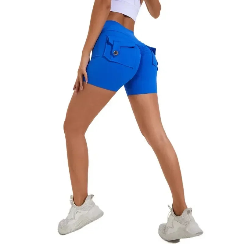 Calções Fitness Femininos com Bolsos – Cintura Alta, Sem Costuras, Corrida