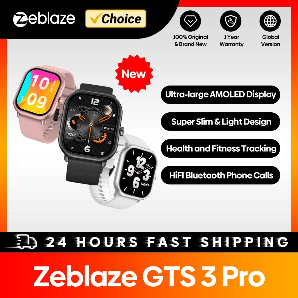 Smartwatch Zeblaze GTS 3 Pro – Chamadas, AMOLED Grande, Saúde e Fitness