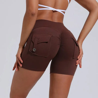 Calções Fitness Femininos com Bolsos – Cintura Alta, Sem Costuras, Corrida