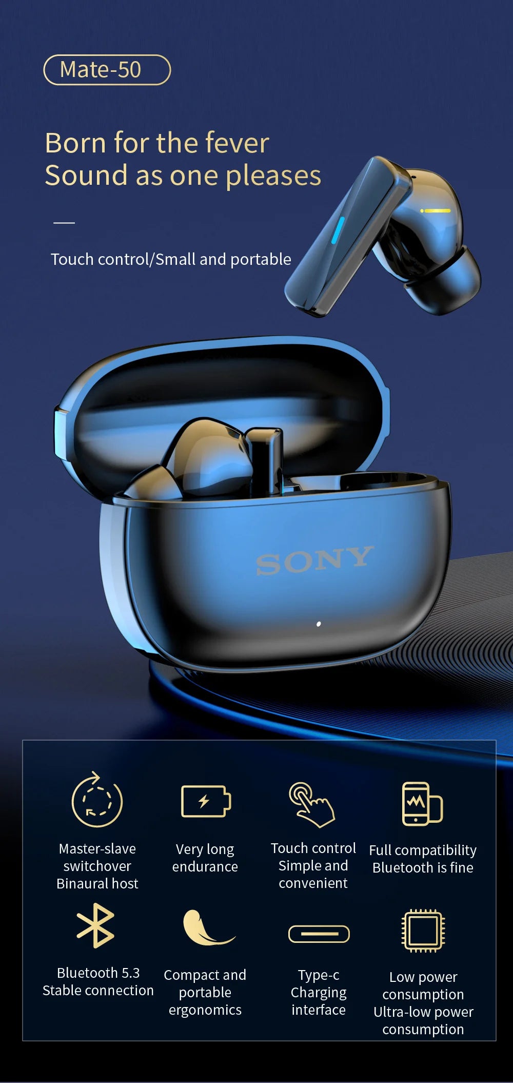 Auriculares Sony Mate 50 Bluetooth – Sem Fios, Estéreo, Microfone, Touch