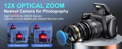 Câmara Digital 4K 72MP – 12x Zoom Ótico, WiFi, Flash, Autofocus, YouTube