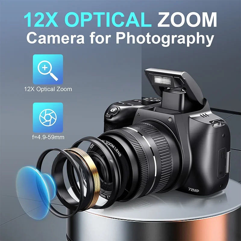 Câmara Digital 4K 72MP – 12x Zoom Ótico, WiFi, Flash, Autofocus, YouTube