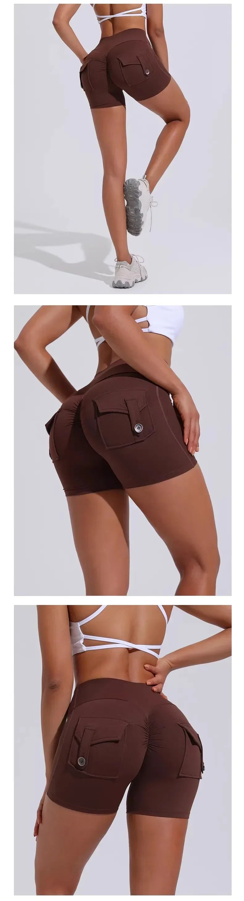 Calções Fitness Femininos com Bolsos – Cintura Alta, Sem Costuras, Corrida