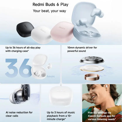 Auriculares Xiaomi Redmi Buds 6 Play – Sem Fios, IA, Touch, BT 5.4 (Versão 2)