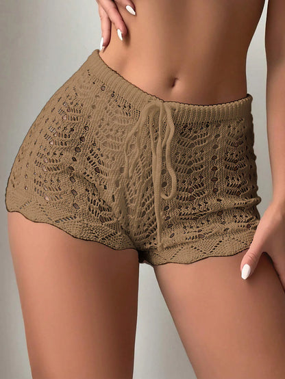 Calções de Biquini em Tricô Femininos – Cintura Aberta, Cordel, Praia