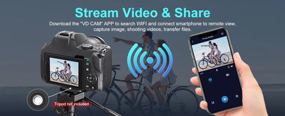 Câmara Digital 4K 72MP – 12x Zoom Ótico, WiFi, Flash, Autofocus, YouTube