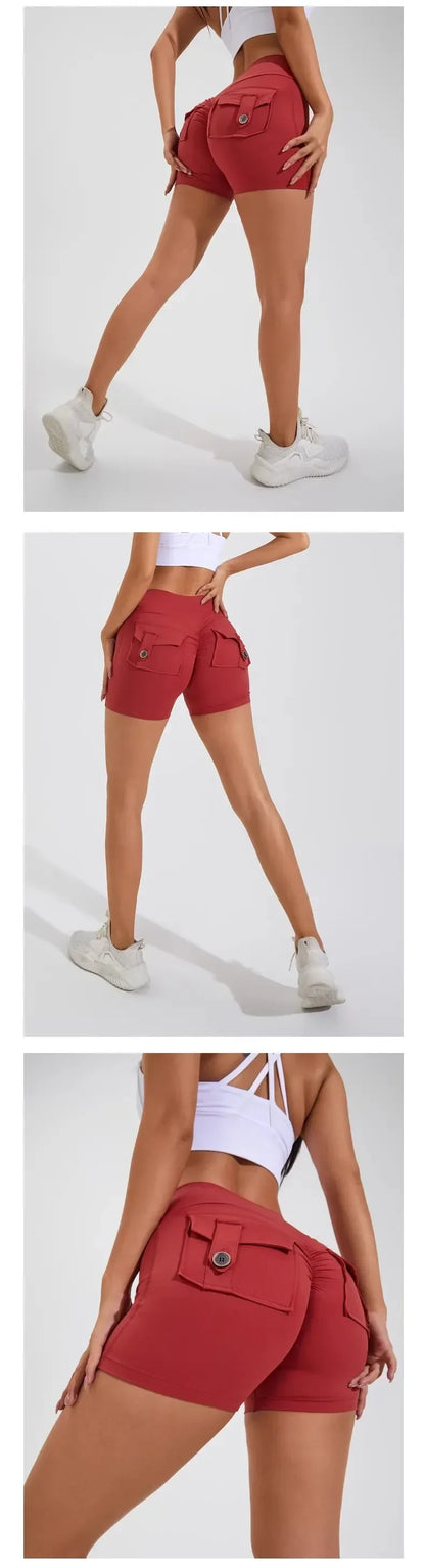 Calções Fitness Femininos com Bolsos – Cintura Alta, Sem Costuras, Corrida