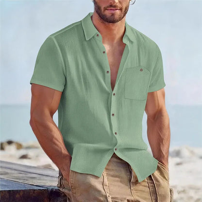 Men's Linen Blend Short Sleeve Button Down Shirt Casual Beach Tops with Chest Pocket Breathable Lightweight Summer Shirts forMen