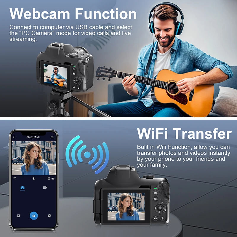 Câmara Digital 4K 72MP – 12x Zoom Ótico, WiFi, Flash, Autofocus, YouTube