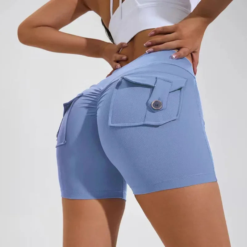 Calções Fitness Femininos com Bolsos – Cintura Alta, Sem Costuras, Corrida