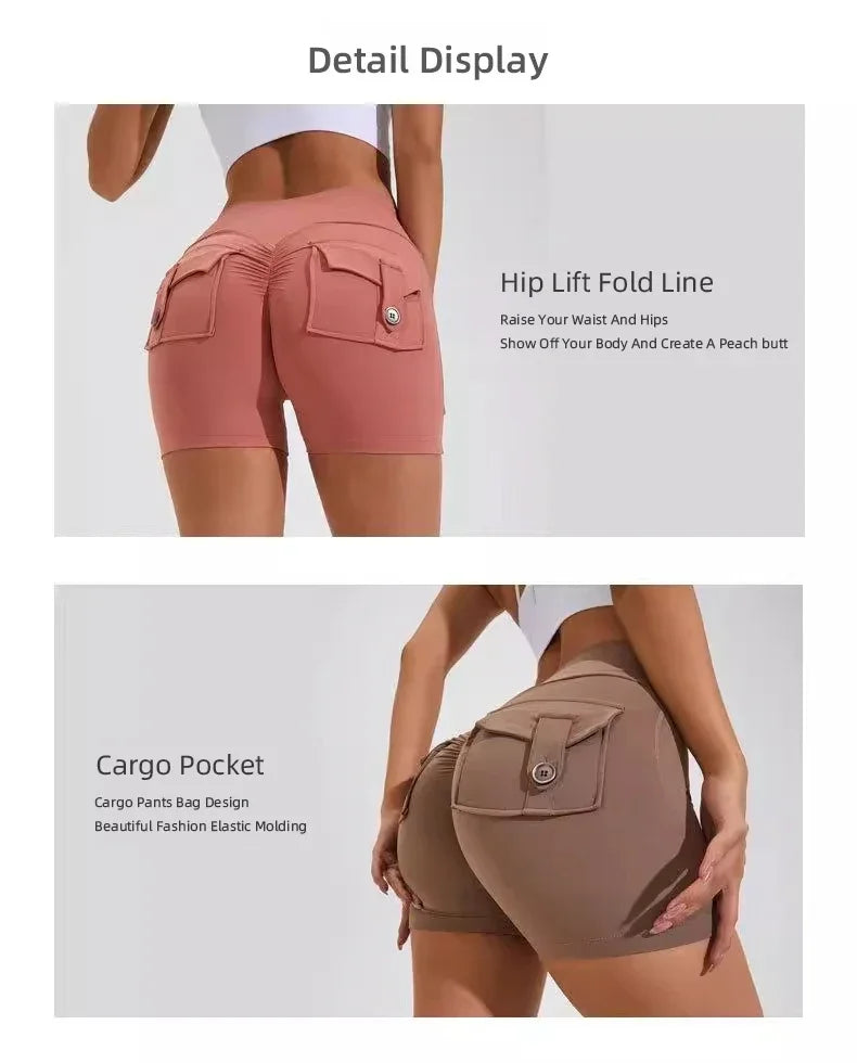 Calções Fitness Femininos com Bolsos – Cintura Alta, Sem Costuras, Corrida