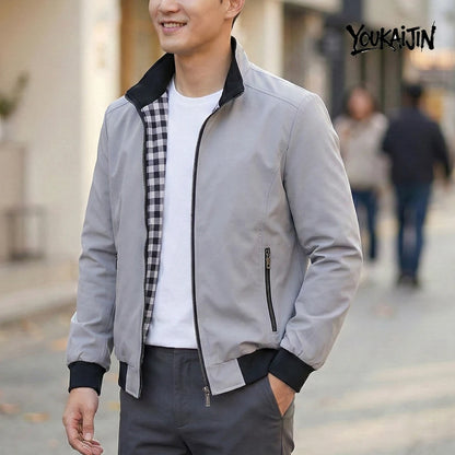 Korean Spring Autumn Casual Solid Fashion Slim Bomber Jacket Men Overcoat Stand Collar Jackets Men's Jacket S-6XL Top