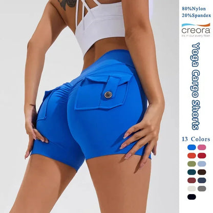 Calções Fitness Femininos com Bolsos – Cintura Alta, Sem Costuras, Corrida