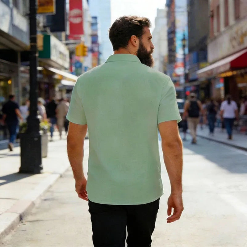 Men's Linen Blend Short Sleeve Button Down Shirt Casual Beach Tops with Chest Pocket Breathable Lightweight Summer Shirts forMen