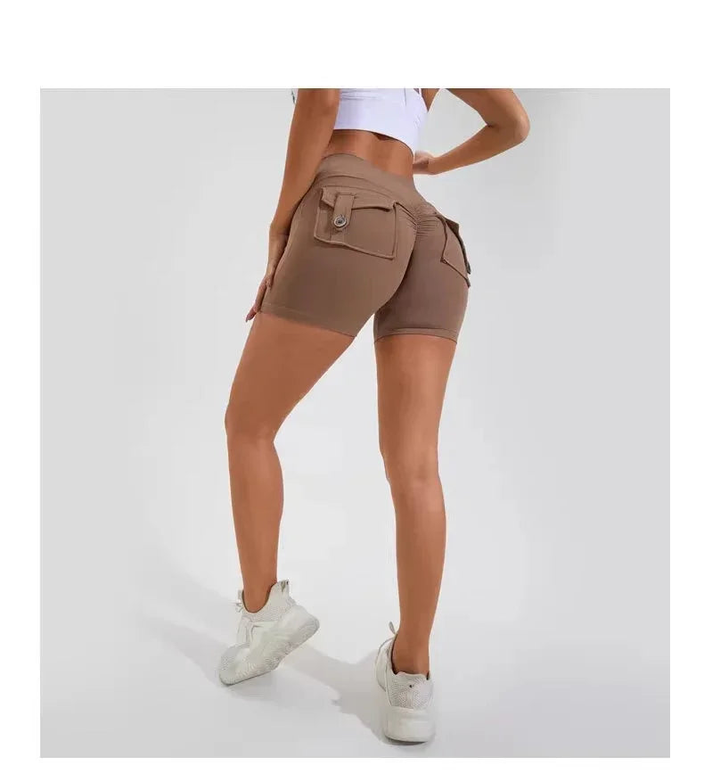 Calções Fitness Femininos com Bolsos – Cintura Alta, Sem Costuras, Corrida