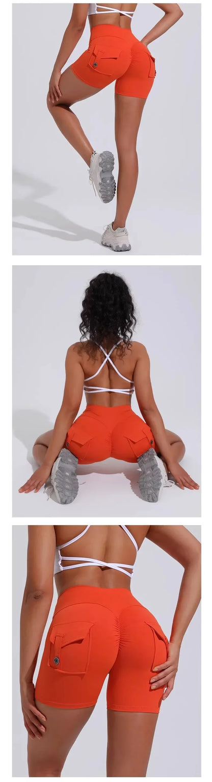 Calções Fitness Femininos com Bolsos – Cintura Alta, Sem Costuras, Corrida