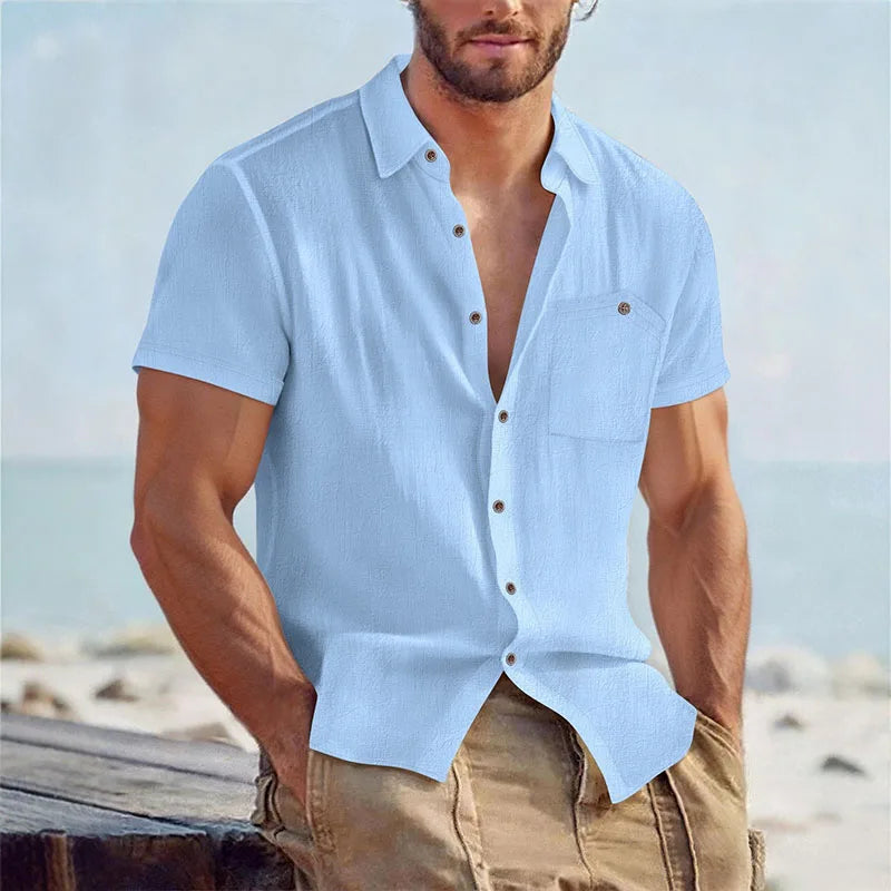 Men's Linen Blend Short Sleeve Button Down Shirt Casual Beach Tops with Chest Pocket Breathable Lightweight Summer Shirts forMen