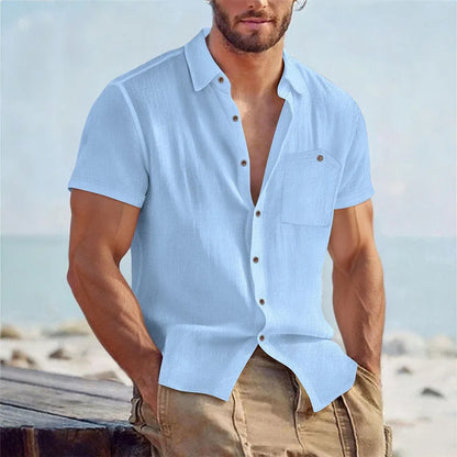 Men's Linen Blend Short Sleeve Button Down Shirt Casual Beach Tops with Chest Pocket Breathable Lightweight Summer Shirts forMen