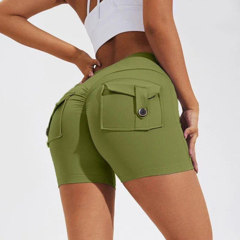 Calções Fitness Femininos com Bolsos – Cintura Alta, Sem Costuras, Corrida