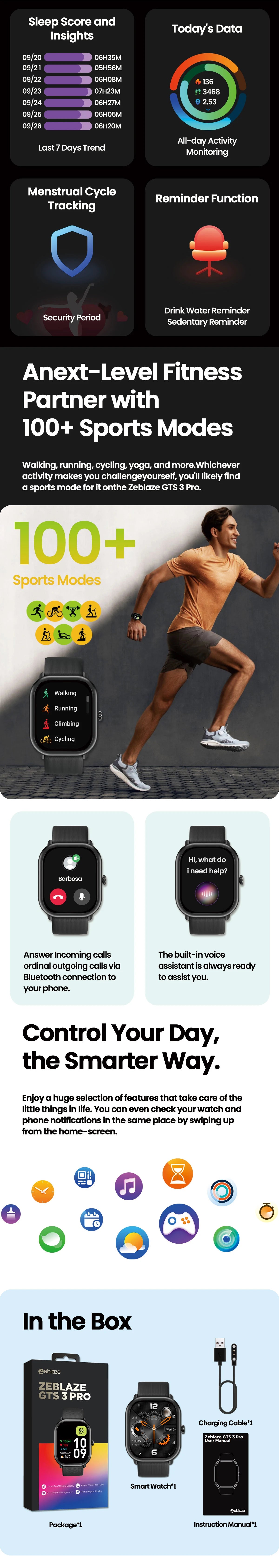 Smartwatch Zeblaze GTS 3 Pro – Chamadas, AMOLED Grande, Saúde e Fitness