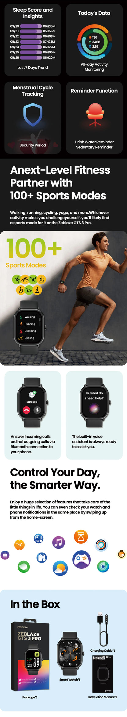 Smartwatch Zeblaze GTS 3 Pro – Chamadas, AMOLED Grande, Saúde e Fitness