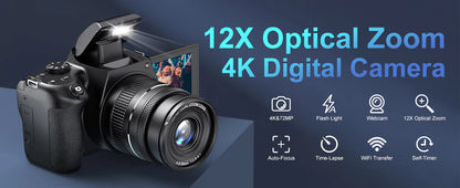 Câmara Digital 4K 72MP – 12x Zoom Ótico, WiFi, Flash, Autofocus, YouTube