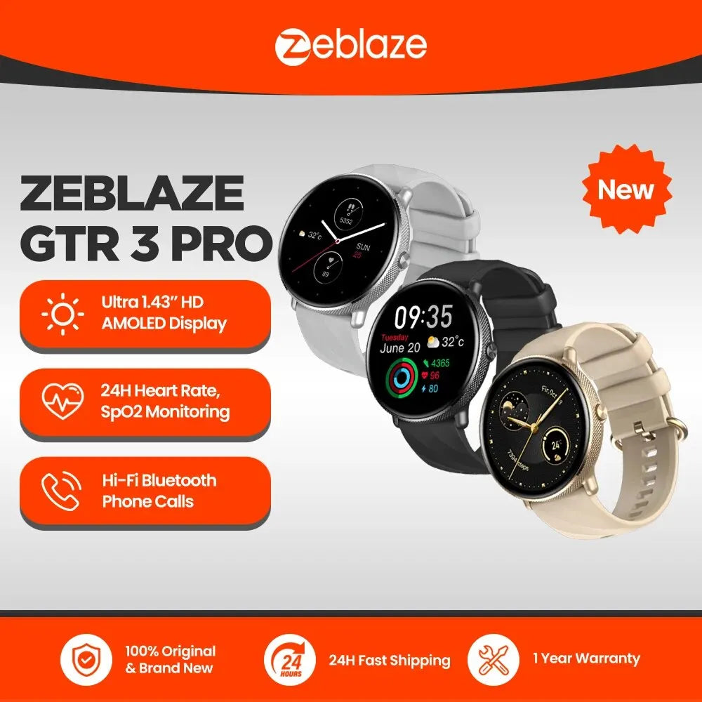 Smartwatch Zeblaze GTR 3 Pro – Chamadas, AMOLED 1.43", Aço 316L, Fitness