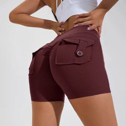 Calções Fitness Femininos com Bolsos – Cintura Alta, Sem Costuras, Corrida