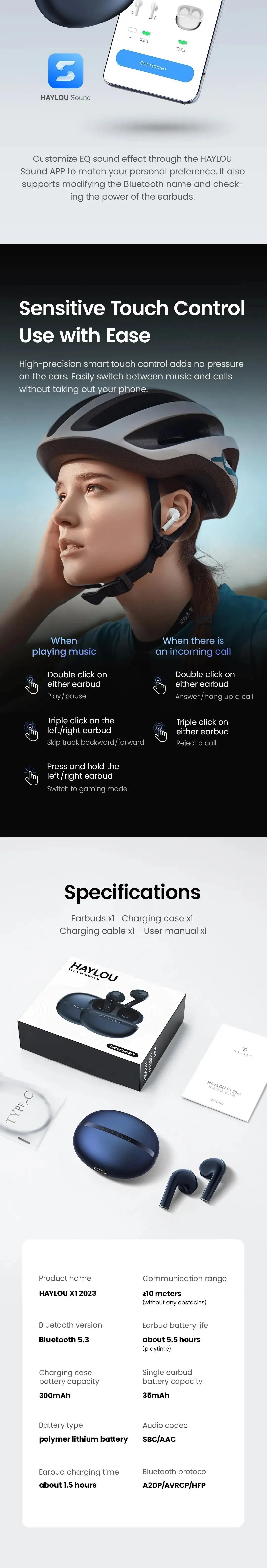 Auriculares HAYLOU X1 Bluetooth 5.3 – 24h Bateria, IPX4, Controlo por App