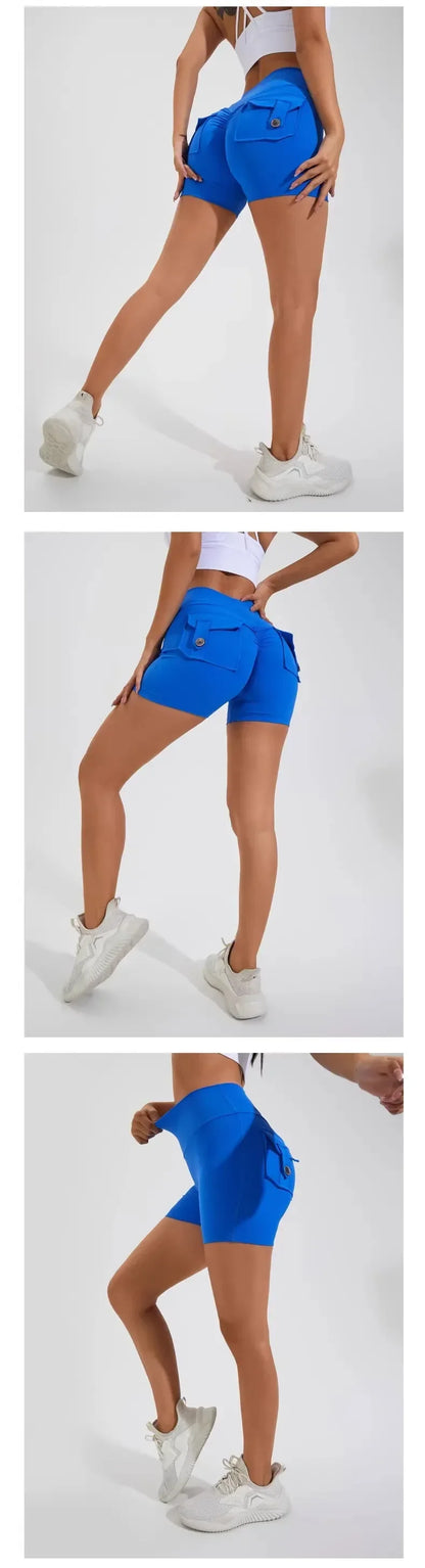 Calções Fitness Femininos com Bolsos – Cintura Alta, Sem Costuras, Corrida