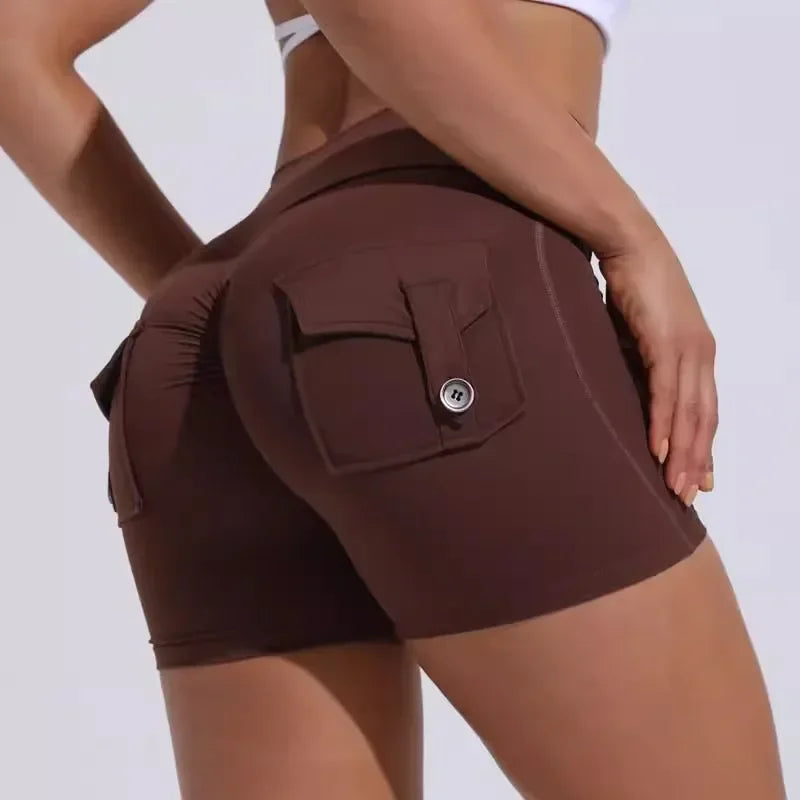Calções Fitness Femininos com Bolsos – Cintura Alta, Sem Costuras, Corrida